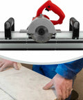 Pro Grade Electric Tile Chamfering Tool For Precise 43 Degree Bevel Cuts With 1200W Motor, shown cutting ceramic tile.