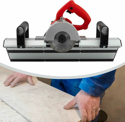 Pro Grade Electric Tile Chamfering Tool For Precise 43 Degree Bevel Cuts With 1200W Motor, shown cutting ceramic tile.