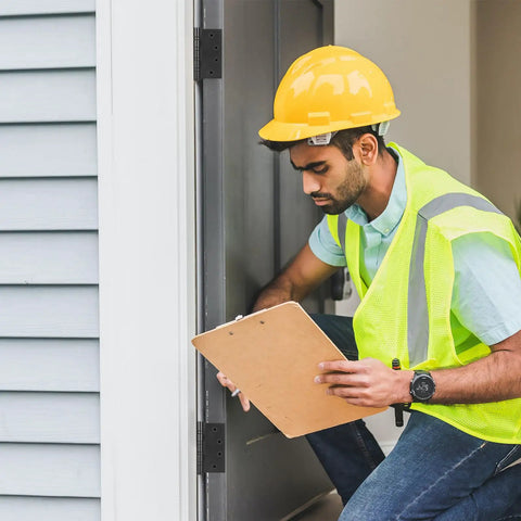 Person in yellow hard hat checks door hinge installation while kneeling with clipboard by the door.