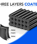 Stack of Tiny But Mighty Black Rare Earth Magnets Set With 400 Pieces In 3 Sizes For Crafts Fridge Notes, three-layer coating detail