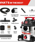 Heavy Duty Eight Gallon Wet And Dry Shop Vacuum With Badass Four Point Five Peak Horsepower Motor And Corrosion Proof Stainless Steel Tank accessories list including nozzles and filter.