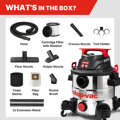Heavy Duty Eight Gallon Wet And Dry Shop Vacuum With Badass Four Point Five Peak Horsepower Motor And Corrosion Proof Stainless Steel Tank accessories list including nozzles and filter.