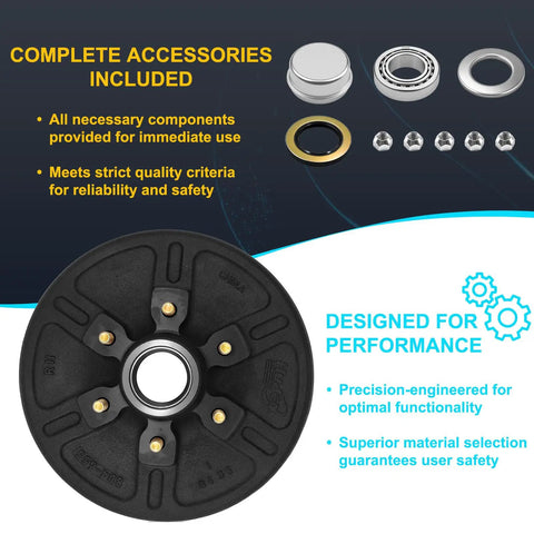 Complete 12 Inch Trailer Brake Drum Kit Includes Heavy Duty Bearings And Rock Solid Grease Caps Fits 6 Lugs On 5.5 Inch Pattern for 5200 to 6000 lb axles accessories and components included.
