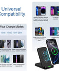 Wireless Charging Stand For 15W Fast Charging With Auto Output Galaxy S26 Ultra S25 S24 S23 S22 S21 And Motorola Edge 2025 G Stylus 5G G Power 2025 showing compatibility with multiple devices.