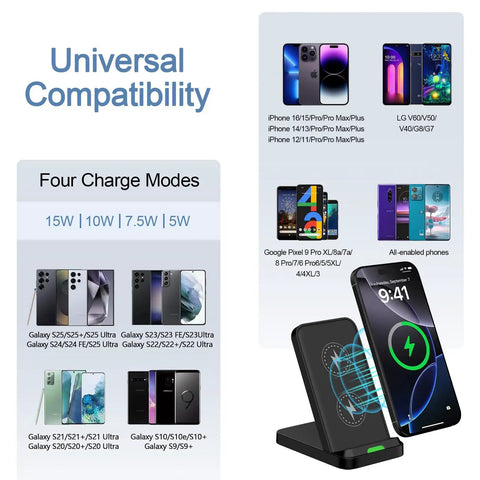 Wireless Charging Stand For 15W Fast Charging With Auto Output Galaxy S26 Ultra S25 S24 S23 S22 S21 And Motorola Edge 2025 G Stylus 5G G Power 2025 showing compatibility with multiple devices.