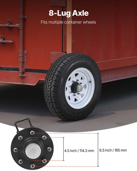 Tough As Nails 8 Lug Shipping Container Wheel Kit with cold rolled steel axle on a shipping container wheel, showcasing 165mm hole.