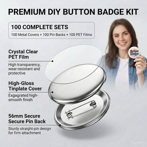 Exploded view of 58mm Button Badge Making Kit with clear film, tinplate cover, and pin back for DIY projects and events.