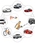 Image illustrating Tough 24cm Tire Inflator Hose with Two Locked-In Air Chucks for Schrader Valves, showing various vehicles and brass adapter.