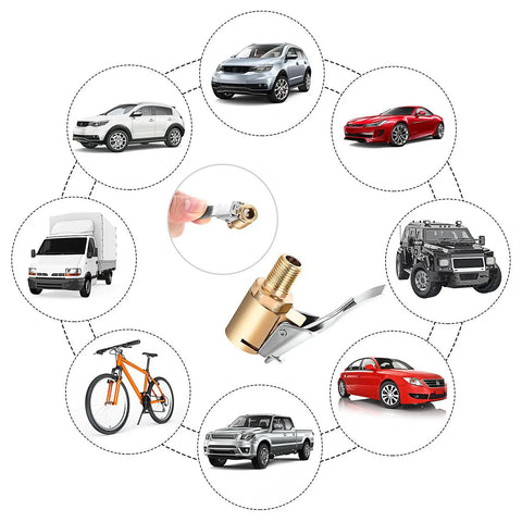 Image illustrating Tough 24cm Tire Inflator Hose with Two Locked-In Air Chucks for Schrader Valves, showing various vehicles and brass adapter.