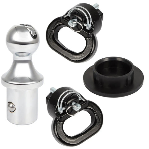 Heavy Duty Trailer Gooseneck Ball With Integrated Safety Chain Kit For Dodge Ram 2500 And 3500 Puck System Towing Setup components laid out clearly.