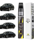 Brilliant Black Audi Touch Up Paint Kit With Exact Color Match For Scratches And Chips Repair 2 In 1 Quick Easy Fix Car Scratch Remover For Nicks And Chips next to black Audi cars and packaging box.