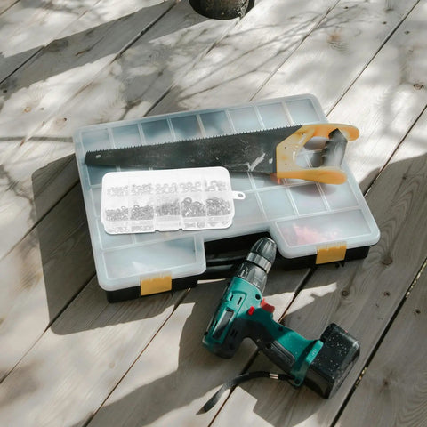 Zinc Alloy Machine Screw And Nut Kit With Washers, 320Pcs Pan Head Bolts Set in toolbox with saw and drill on wooden deck