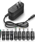 5V 1A Power Supply With 10 Interchangeable Jacks, Regulated Switching DC Adapter, Universal 100-240V Input, Plug-And-Play, No-Fuss, Safe, Compact Charger For Low-Voltage Gadgets Like Raspberry Pi, Routers, Cameras, And More. black AC adapter with 10 interchangeable jacks