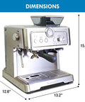 Kickstart Your Daily Grind With This Automatic Espresso Machine Featuring A Built In Bean Grinder Milk Frother And Hassle Free Auto Cleanup For Top Shelf Barista Style Lattes Right At Home Today, showing dimensions.