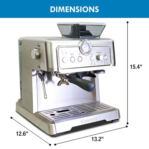 Kickstart Your Daily Grind With This Automatic Espresso Machine Featuring A Built In Bean Grinder Milk Frother And Hassle Free Auto Cleanup For Top Shelf Barista Style Lattes Right At Home Today, showing dimensions.