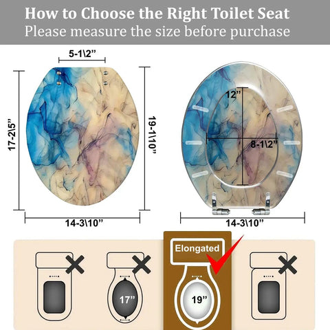 Elongated Toilet Seat Quiet Close for Home Bathroom Replacement dimensions guide showing size measurements and fitting options.
