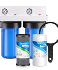 Two Stage Whole House Water Filtration System With Ten Inch By Four Point Five Inch Universal Housing One Inch Inlet And Outlet NSF 42 Certified Sediment And Carbon Block Filters External Pressure Gauges Easy Cartridge Replacements with blue housings