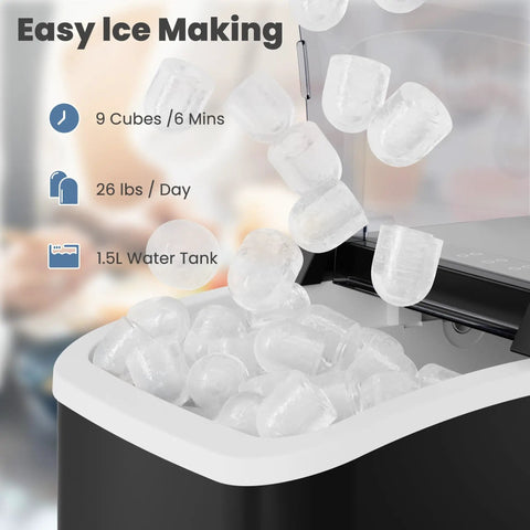 Countertop Ice Maker With Sturdy Carry Handle, Portable Ice Machine Freezing Bullet Ice Cubes In Rapid Six Minutes, Delivers Twenty Six Pounds Daily, Lowkey Essential Home And Tailgate Chiller In Jet Black with visible bullet ice cubes and water tank.