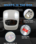 Dodge Ram Overhead Console Dome Light Replacement LED Interior Roof Map Reading Lamp For 2002 To 2010 Ram 1500 2500 3500 4500 5500 Easy Install Replaces 1DK78BD1AA 1DK78TL2AA showing contents of the package
