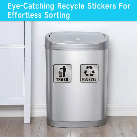 2 Pack Brushed Silver Trash And Recycling Stickers With Self Adhesive Waterproof Backing on a kitchen trash can