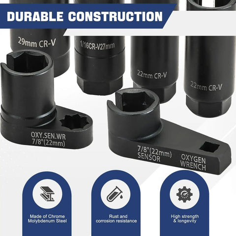 7 Piece O2 Oxygen Sensor Socket Set For Auto Repair With Premium Chrome Molybdenum Steel Black Oxide Finish Low Profile Six Point Sockets And Side Cutout Design For Hard To Reach Sensors, 22mm and 29mm