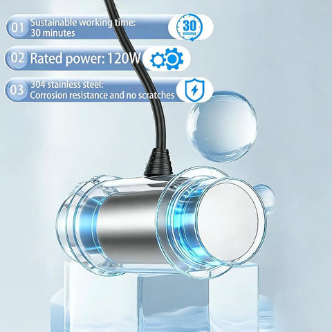 Portable Ultrasonic Cleaner With 40KHz Frequency And 5 Minute Timer on icy surface, showcasing stainless steel with bubbles.