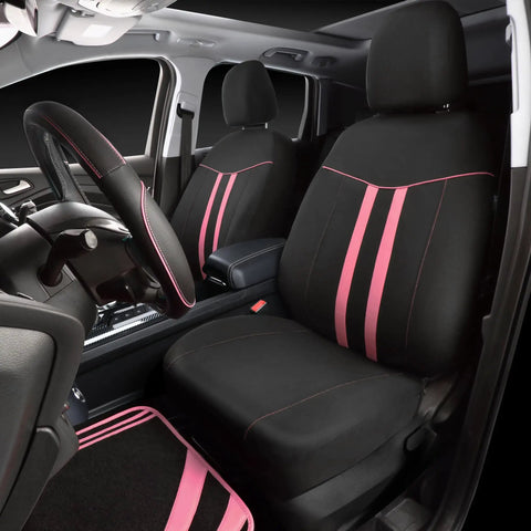 Waterproof Car Seat Covers Full Set With Anti Slip Leather Steering Wheel Cover And Floor Mats Universal Fit Black Pink