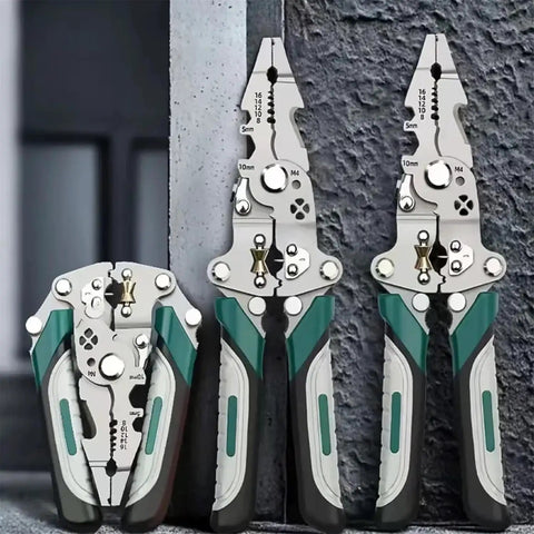 Kick Ass Heavy Duty Foldable Wire Stripping Pliers With Precision Electrical Crimping And Sharp Cutting Blades shown at different angles.