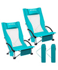 Low Beach Chairs 2 Pack Folding Portable Chairs For Adults Ultra Wide Ergonomic High Back Seat 300 Lb Capacity Heavy Duty Outdoor Gear With Carry Bag For Lawn Camping Picnics, teal color, shown with carry bags.