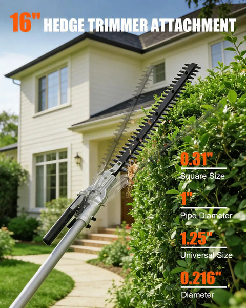 16 Inch Hedge Trimmer Attachment With 180 Degree Adjustable Head And Heavy Duty Dual Action Blade For Gas Powered String Trimmers in front of a house on a sunny day