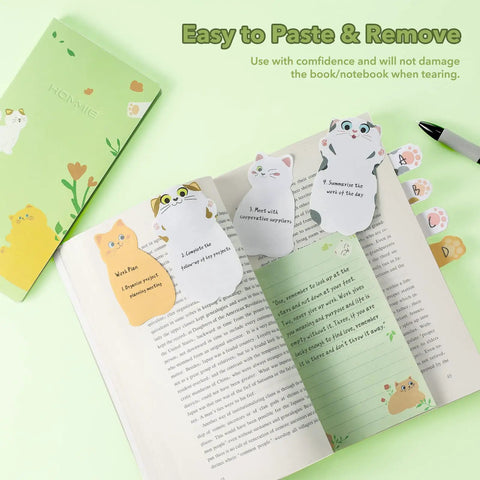 Cat Sticky Notes Set With Paw Tabs And Page Markers, 300 Sheets Of Cute Animal Divider Tabs in book, showcasing designs and packaging.