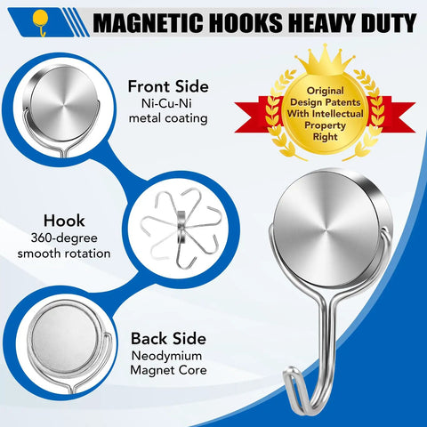 Heavy Duty Swivel Magnetic Hooks With A Killer 60 LB Hold Perfect For Cruise Cabins And RV Travel Gear Hangs Tough No Sweat Easily Rotates For Quick Access Makes Home Organization A Breeze All Around, showcasing front and back details.