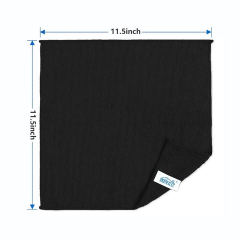 Premium Microfiber Cleaning Cloths 150 Pack 11.5 By 11.5 Inches Lint Free Streak Free Soft Rags For Kitchen Windows Cars And Everyday Messes Dope For Auto Detailing Drying Glass And Stainless Surfaces shown in black with label, dimensions visible.