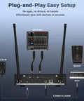 Wireless Two Microphone System With UHF Dual-Channel Receiver and connections to speaker, mixer, and XLR board