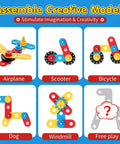 Wooden Toddler Tool Set For Tots 2 To 4 showing assembly models: airplane, scooter, bicycle, dog, windmill, and free play design.