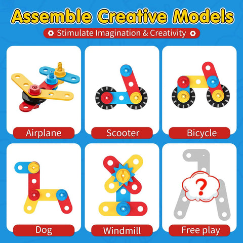 Wooden Toddler Tool Set For Tots 2 To 4 showing assembly models: airplane, scooter, bicycle, dog, windmill, and free play design.