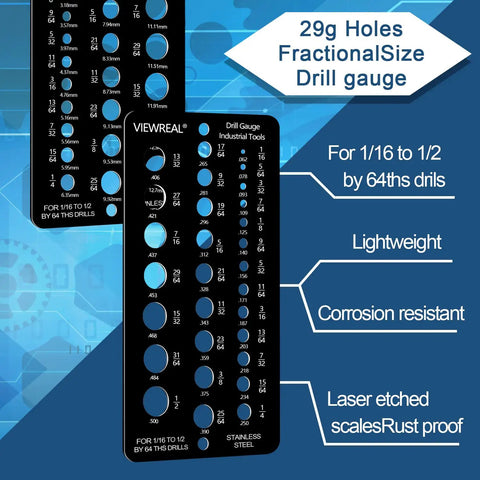 Front view of Stainless Steel Drill Bit Gauge With 29 Holes, 1/16 Inch To 1/2 Inch Size Guide In 1/64 Inch Increments