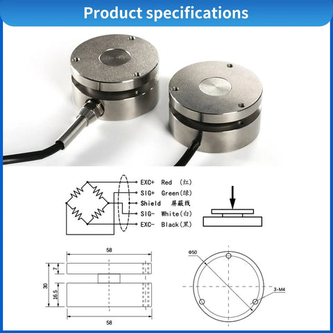 Load Cell Sensor For Tension And Compression Tests, 58mm Diameter, 0.2 Percent Accuracy, 0 To 50 Kg Range, Compact Workhorse Force Weight Pressure Sensor For Scales, Easy Install, stainless steel with wiring diagram