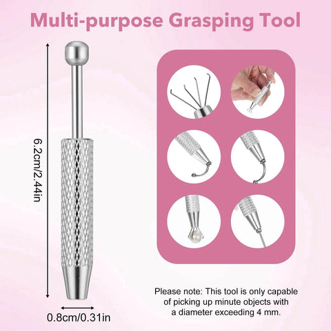 Multi-purpose grasping tool from All-In-One Piercing Tool Set With Ball Grabber And Tapers, shown with dimensions and usage examples.