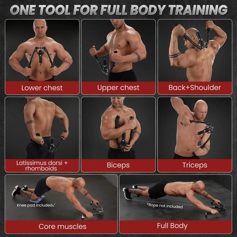 3 In 1 Hydraulic Arm Trainer For Home Gym With Ab Roller Wheels And Hooks Adjustable 22 To 440 Lbs Resistance For Men And Women Full Body Strength Training In A Compact Yet Heavy Duty Setup, showing exercises for chest, shoulders, biceps, triceps, core, and full body.