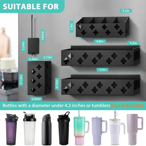 Magnetic Fridge Bottle Organizer And Cup Holder Kit For 30-40 Oz Tumblers with dimensions and various bottle types.