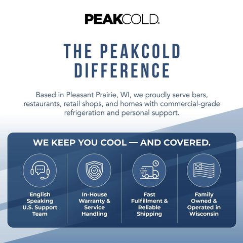 Informational graphic about the PEAKCOLD difference, highlighting support, warranty, shipping, and Wisconsin operations.