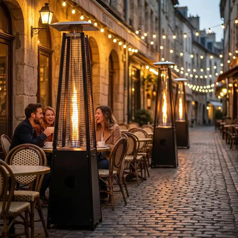 Propane Patio Heater With Reflector Shield And Wheels 40000 BTU Quartz Glass Tube Outdoor Heater Delivers Powerful Radiant Heat For Backyards Patios Decks Porches And Small Commercial Outdoor Spaces Black on a cobblestone street with tables and people.