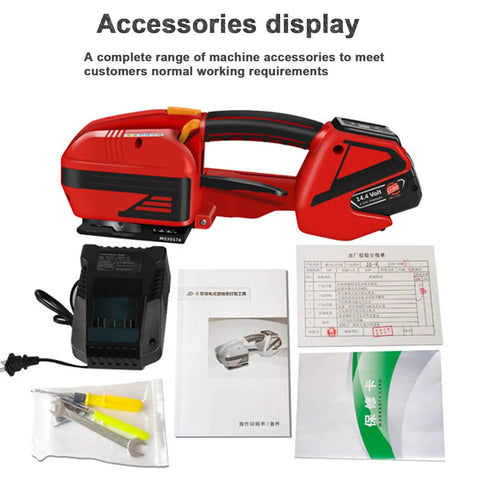 Heavy Duty Automatic Strapping Machine Built Tough Electric Banding Tool With 4000Mah Battery accessories and charger display.