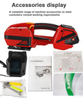 Accessories display for Zero Drama Automatic Electric Strapping Machine For Pp Pet Strap Coils featuring charger, tools, and manuals.