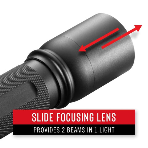 Rechargeable LED Flashlight With Slide Focus 300 Lumen Long Range Beam In A Compact Green Finish EDC Pocket Light focus lens close-up