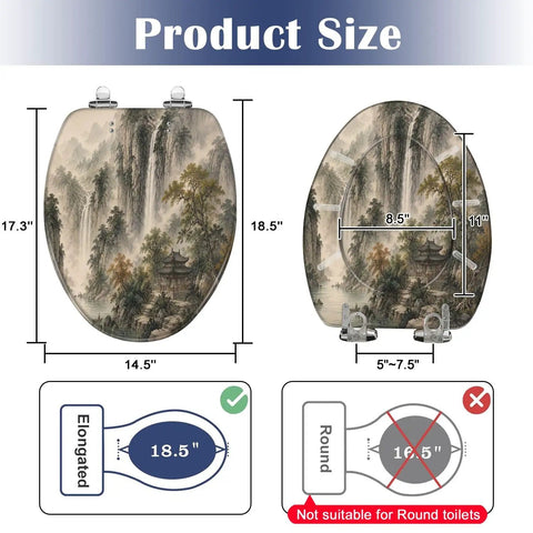 Elongated Misty Mountain Waterfall Landscape Chinoiserie Toilet Seat dimensions with measurements shown.
