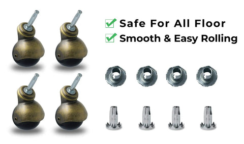 Four Pack Two Inch Antique Gold Ball Casters With Wood Stem Socket For Heavy Duty Sofa Table And Chair Furniture Swap Out Smooth Rolling Gliders Upgrade Hardware Kit with smooth rolling wheels and steel sockets.