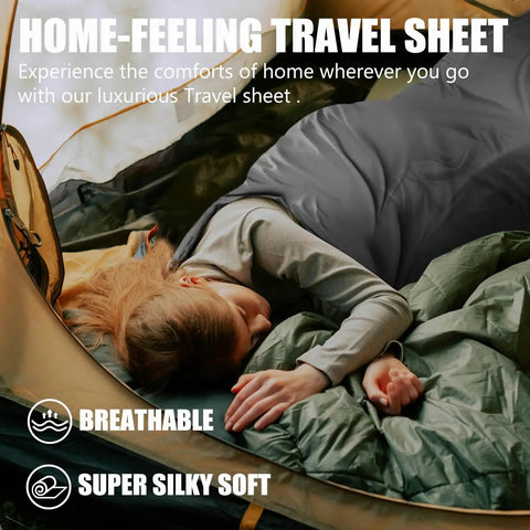 Person sleeping in tent with Ultralight Sleeping Bag Liner Travel Sheet Three Size Options For Backpacking Camping Hotels And Hostels Breathable Silky Soft Cozy Lightweight Compact Gray 27.5x84.6 Inches Great For Travel Quick Dry Easy Care displayed.
