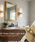 Golbasdena 13in Alabaster Wall Sconces, Gold Wall Lights Bulb Included in a stylish bathroom setting.